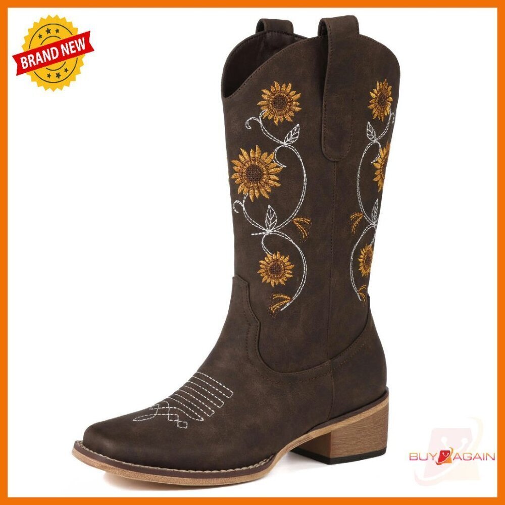 Mid Calf Western Cowgirl Boots with Floral Embroidery Square Toe